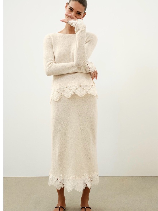 Zara Dresses & Skirts - NWT Zara Sand / Cream Midi Knit Skirt with Lace Crochet Trim Size Large 8779/161